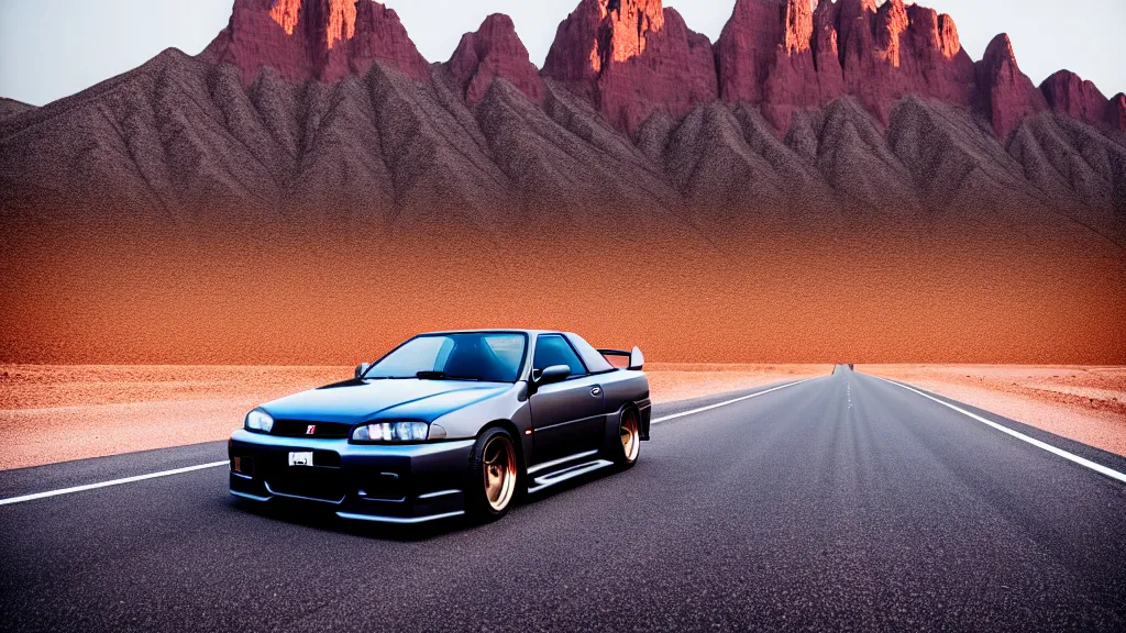 Prompt: three quarter front photo of a stock dark grey nissan r 3 2 skyline gtr on a road in a desert with a mountain in the background in the early morning, car photography, depth of field, depth blur, zoom lens, blue hour, photorealistic