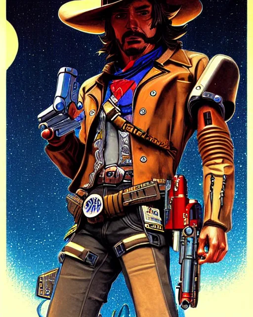 Image similar to mccree from overwatch, cyber space cowboy, character portrait, portrait, close up, concept art, intricate details, highly detailed, vintage sci - fi poster, retro future, vintage sci - fi art, in the style of chris foss, rodger dean, moebius, michael whelan, and gustave dore