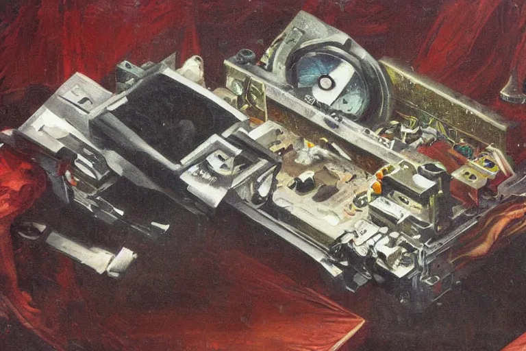 Image similar to a vanitas painting depicting an NVIDIA RTX A100 GPU, graphics card