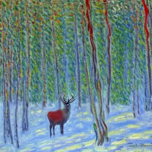 Prompt: monet style painting, winter forest, elk, spruce trees