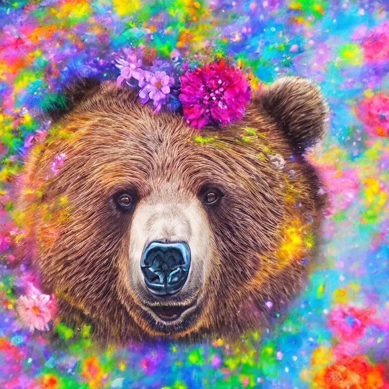 Prompt: a very artistic painting of a single bear with flowers on his head, beautiful and cute, long exposure, high quality, detailed, 8 k resolution, analytical art, art photography, moco