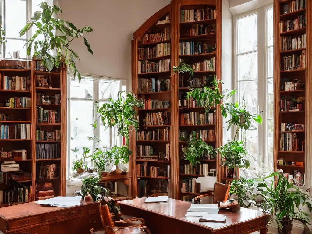 Image similar to A beautiful office room with mahogany bookcases and many beautiful plants and sunset light coming through the windows