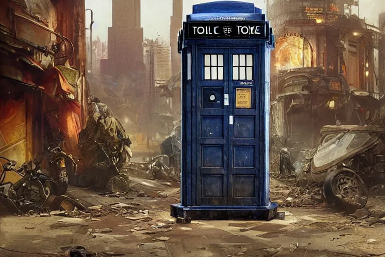 Image similar to photograph of a single tardis sat on the streets of a cyberpunk abandoned city, by greg rutkowski, by stanley artgerm, by alphonse mucha