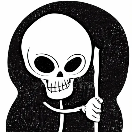 Image similar to cute cartoon drawing of a grim reaper with childish proportions holding a scythe, big head, big eyes, skull head, vector illustration, style of disney animation