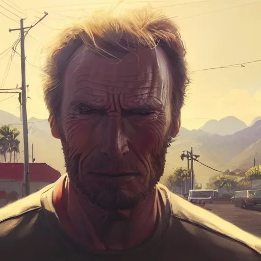 Image similar to highly detailed portrait, clint eastwood, in gta v, stephen bliss, unreal engine, fantasy art by greg rutkowski, loish, rhads, ferdinand knab, makoto shinkai and lois van baarle, ilya kuvshinov, rossdraws, tom bagshaw, global illumination, radiant light, detailed and intricate environment