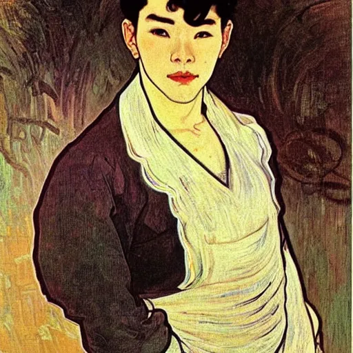 Image similar to painting of grumpy handsome beautiful man named min - jun in a maid outfit, elegant, clear, painting, stylized, art, art by alphonse mucha, vincent van gogh, egon schiele,