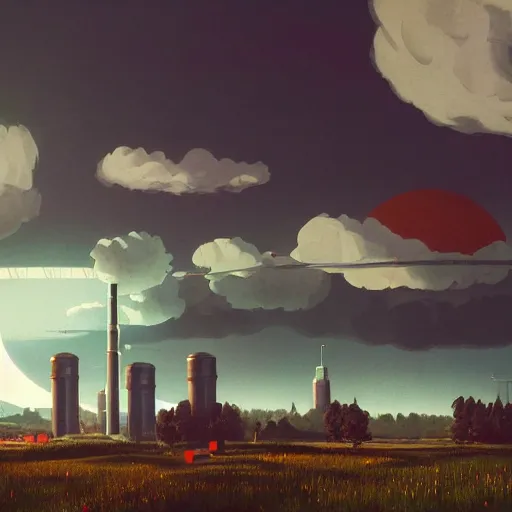 Image similar to An atompunk buildings with the sun shining through the clouds in utopia by Simon Stålenhag and Greg Rutkowski,In style of Grant Wood.hyper detailed,8K Resolution,unreal engine 5,Ray Tracing,highly realistic.trending on Artstation