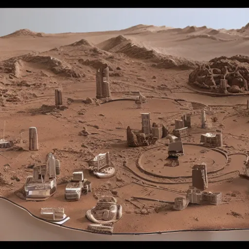 Prompt: diorama of a city on mars, detailed photo