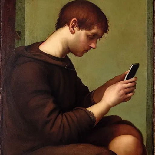 Prompt: a young man sitting on a prominent toilet attentively staring at his smartphone, distant thoughtful look, renaissance painting