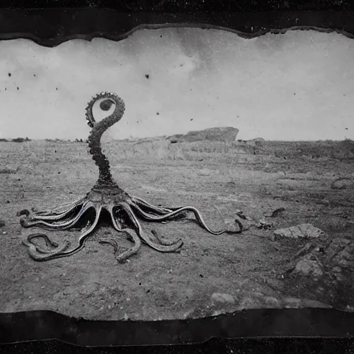 Image similar to tintype, wide view, thundra ufo crash site, team of scientists studying captured alien octopus, photorealistic, highly detailed