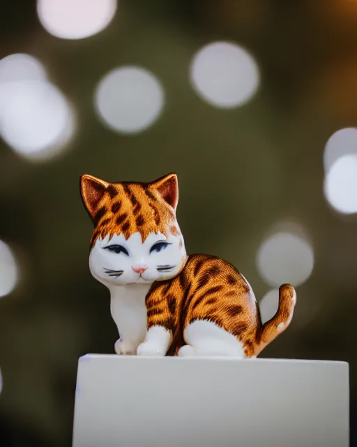 Image similar to high quality presentation photo of a detailed porcelain figurine of a cute cat, photography 4k, f1.8 anamorphic, bokeh, 4k, Canon, Nikon