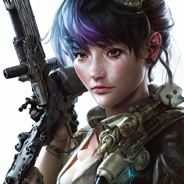 Image similar to the portrait of lawful neutral female cyberpunk marine sniper as absurdly beautiful, gorgeous, elegant, young gravure idol, an ultrafine hyperdetailed illustration by kim jung gi, irakli nadar, intricate linework, bright colors, octopath traveler, final fantasy, unreal engine 5 highly rendered, global illumination, radiant light, detailed and intricate environment