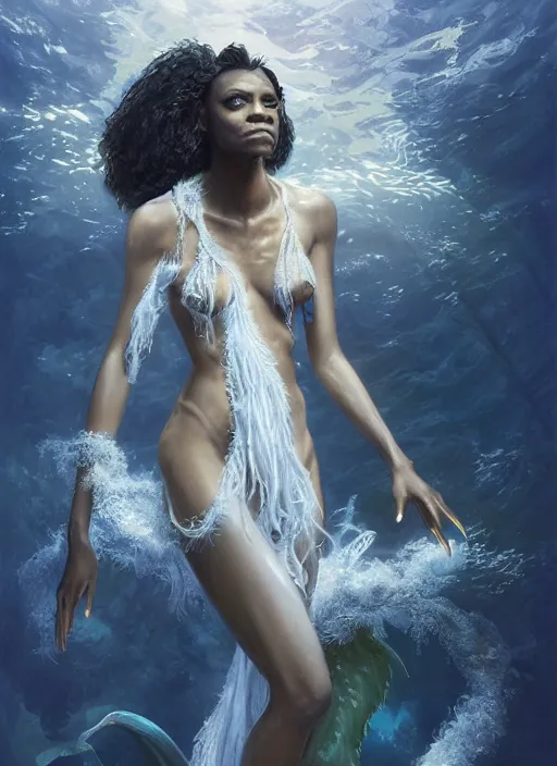 Prompt: dramatic upper body portrait of Zoe Saldana as a dark-skinned la sirene Haitian mermaid goddess by Ruan Jia and Mandy Jurgens and Artgerm and william-adolphe bouguerea, underwater, white sheer fabric, white lilies, shells, mirrors, marvel comics, intricate, highly detailed, smooth, artstation, digital illustration by julie bell and Ruan Jia and Mandy Jurgens and Artgerm and William Adolphe Bouguereau and John Collier and Greg Rutkowski and Frank Frazetta