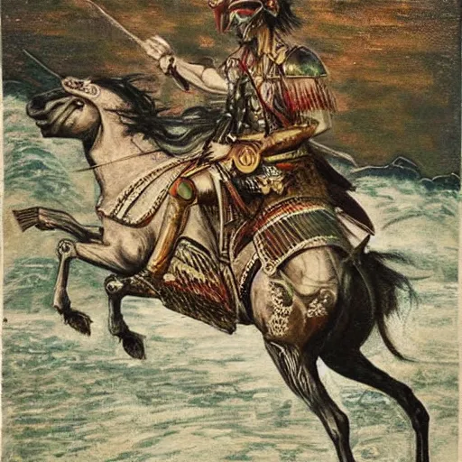 Image similar to a exotic metro pollynsdian warrior riding a horse through a river, painted by jorgihno gisbana and takashi tokyo, style of ultra capitalism surealism