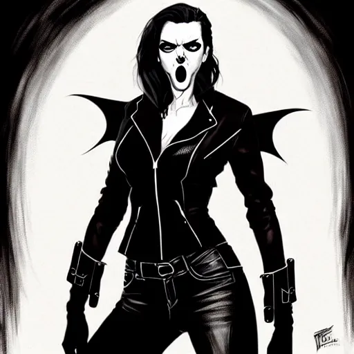 Prompt: rafael albuquerque comic art, peter mohrbacher, david baldeon, artgerm, pretty scarlett johansson vampire sharp vampire teeth open mouth, symmetrical eyes, black leather jacket, jeans, long blonde hair