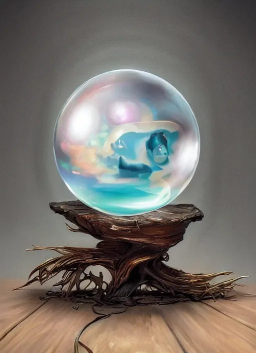 Image similar to crystal ball on a wood stand with a beautiful dreamscape inside, studio product photography, centered, super highly detailed, professional digital painting, artstation, concept art, smooth, sharp focus, extreme illustration, unreal engine 5, photorealism, beautiful, cinematic, art by artgerm and rutkowski and alphonse mucha and loish and wlop