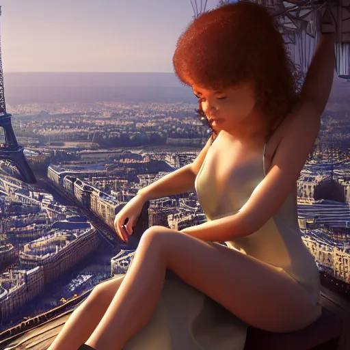 Image similar to A young beautiful giantess wearing a sundress sitting on the Eifel tower,detailed body and face, beautiful lighting,digital art , highly detailed , high contrast, beautiful lighting, award winning , trending on art station, 8k, photorealistic,unreal engine 5