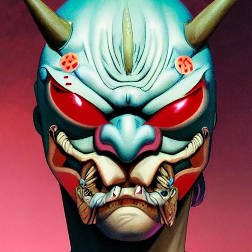 Image similar to prompt : oni mask character portrait soft light painted by james jean and katsuhiro otomo and erik jones, inspired by evangeleon anime, smooth face feature, intricate oil painting, high detail illustration, sharp high detail, manga and anime 1 9 9 9