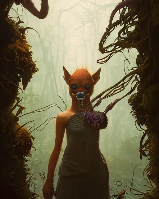 Image similar to highly detailed surreal vfx portrait of a nowpunk spider kangaroo hybrid, stephen bliss, unreal engine, greg rutkowski, loish, rhads, beeple, makoto shinkai and lois van baarle, ilya kuvshinov, rossdraws, tom bagshaw, alphonse mucha, global illumination, detailed and intricate environment