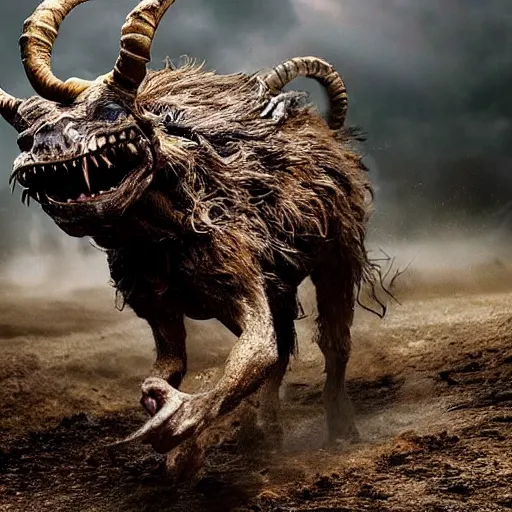 Image similar to horror, action photo, hd, depth of field, moody, a monstrous mutant goat creature is galloping across a muddy medieval village square in daylight, filthy matted fur, human eyes, disturbing, mutated, crocodile - like teeth