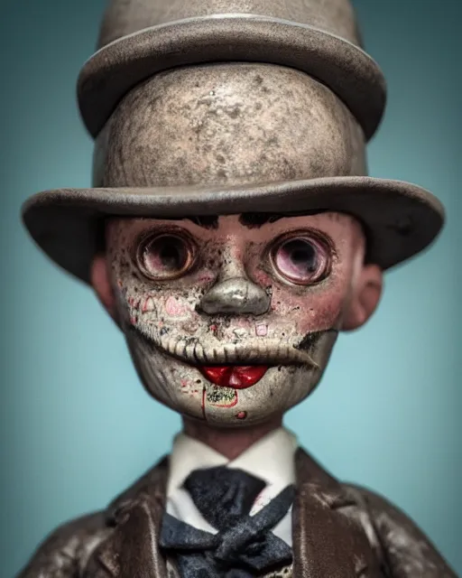 Image similar to highly detailed closeup, face profile portrait of a tin toy jack the ripper, depth of field, fashion photoshoot by nicoletta ceccoli, mark ryden, lostfish, dan decarlo, bob clampett, max fleischer, breathtaking, detailed and intricate environment, 8 k resolution, hyperrealistic, octane render