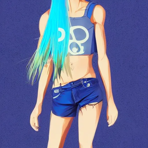 Image similar to if bluetooth was an actual human female, wearing blue crop top with the bluetooth logo on and blue shorts, digital image, character illustration, highly detailed, long blue hair, background of a blue flower field, trending on art station, art, by jason chan