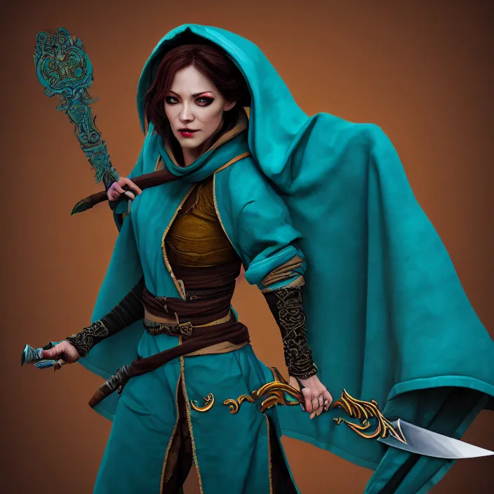 Image similar to photograph of a real-life beautiful rogue with ornate teal robes and daggers. Extremely detailed. 8k