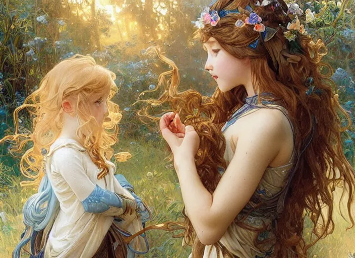 Image similar to a cute little girl with curly light brown hair and blue eyes meeting an elegant unicorn, beautiful fantasy painting by artgerm and greg rutkowski and alphonse mucha