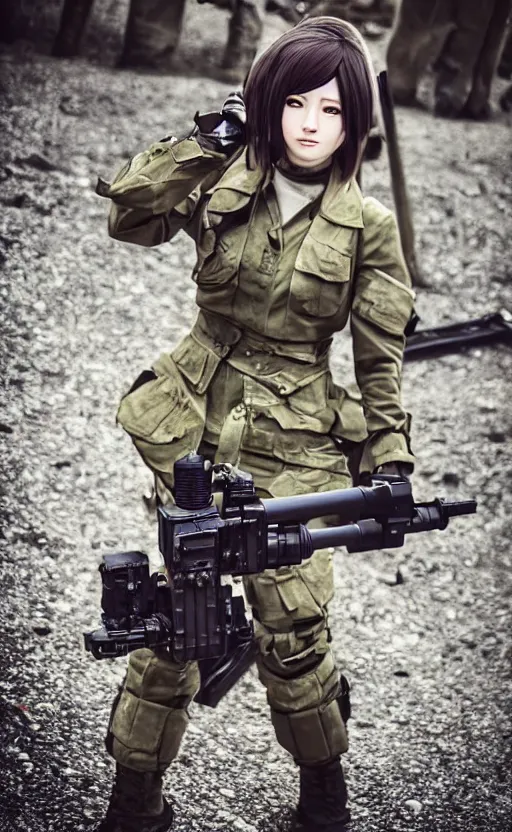 Prompt: photo taken during battle, highly detailed, high resolution, cosplay photo, stunning, girls frontline style, bokeh soft, 100mm, trending on instagram, by professional photographer, realistic human anatomy, real human faces, realistic military carrier, soldier clothing, modern warfare, realistic weapon, shot with a arriflex 35 ii, low saturation, small human eyes, improve picture from previous attempts