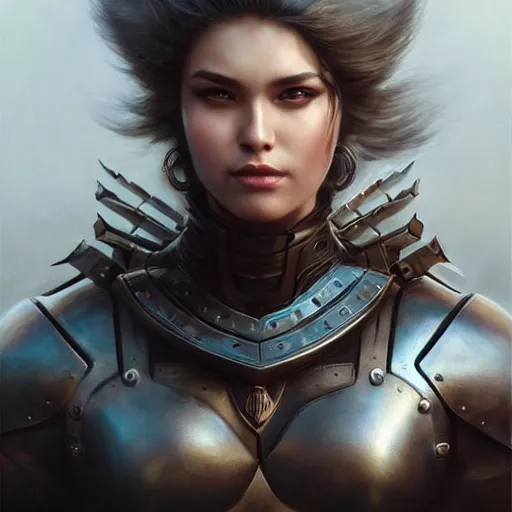 Prompt: full body portrait of a riveting and striking warrior woman!!!, armored, adorable, elegant and pretty face, slick hair, realistic shaded perfect face, outstanding details, realistic shaded lighting, dynamic background, artgerm, tom bagshaw, 8 k ultra - realistic, highly detailed, kan liu