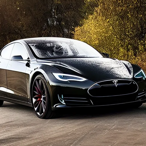 Image similar to a v 8 sport car designed by tesla, outdoor magazine, ambient light, fog