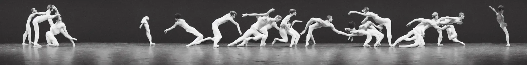 Image similar to a horde of sisyphusses pushing a huge boulder through an empty space, white background, ballet performance photography