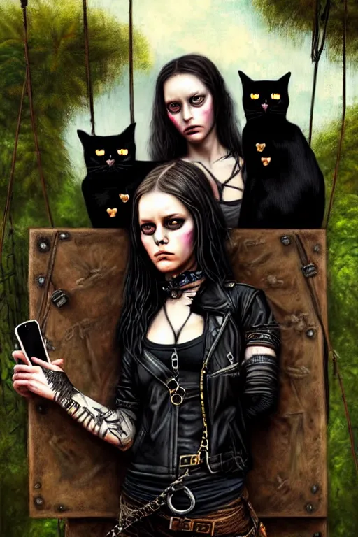 Image similar to punk rock girls making selfie with black cats in jungle , mad max jacket, post apocalyptic, renaissance, highly detailed, digital painting, 4k, oil painting by Leonardo Da Vinci, hyper realistic style, fantasy by Olga Fedorova