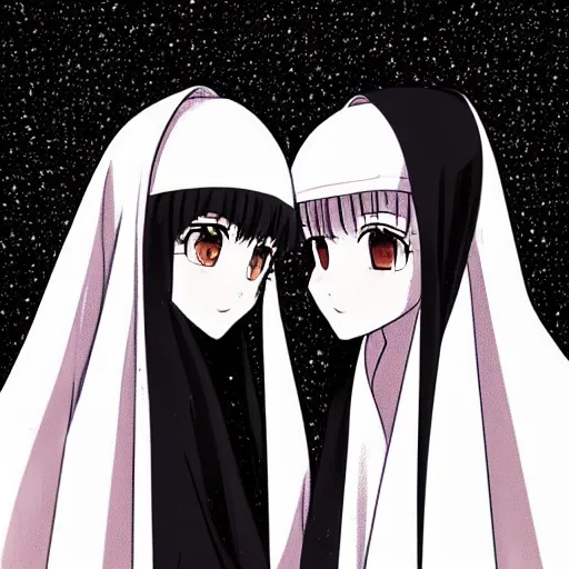 Image similar to two identical female nuns outside at night, viewed from above, clean detailed anime art