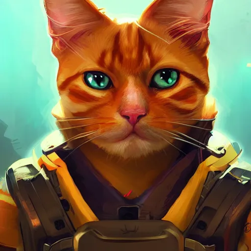 Image similar to ginger cat as overwatch character, digital illustration portrait design, by android jones and greg rutkowski, retrowave color scheme, detailed, cinematic lighting, wide angle action dynamic portrait