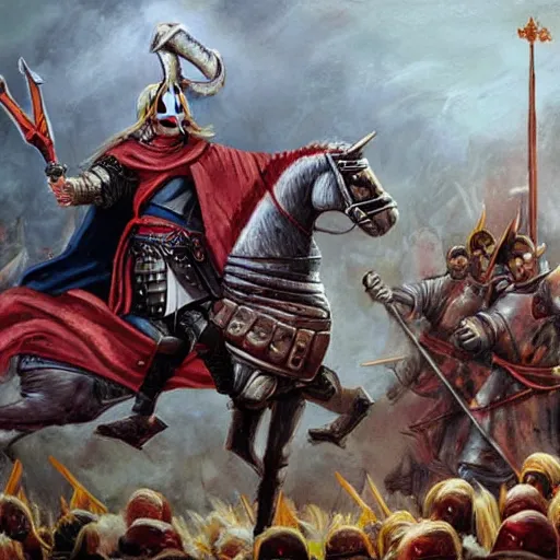 Image similar to trump as a viking, crusader times, bloody, epic painting