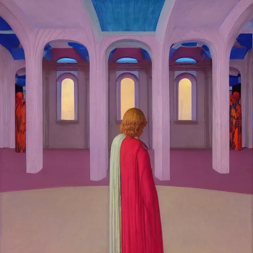 Prompt: a procession of women in a giant metaphysical temple, hyperrealistic film still by edward hopper, by gottfried helnwein, by klimt, by paolo uccello, art nouveau, highly detailed, strong lights, liminal, eerie, metaphysical, bright pastel colors,