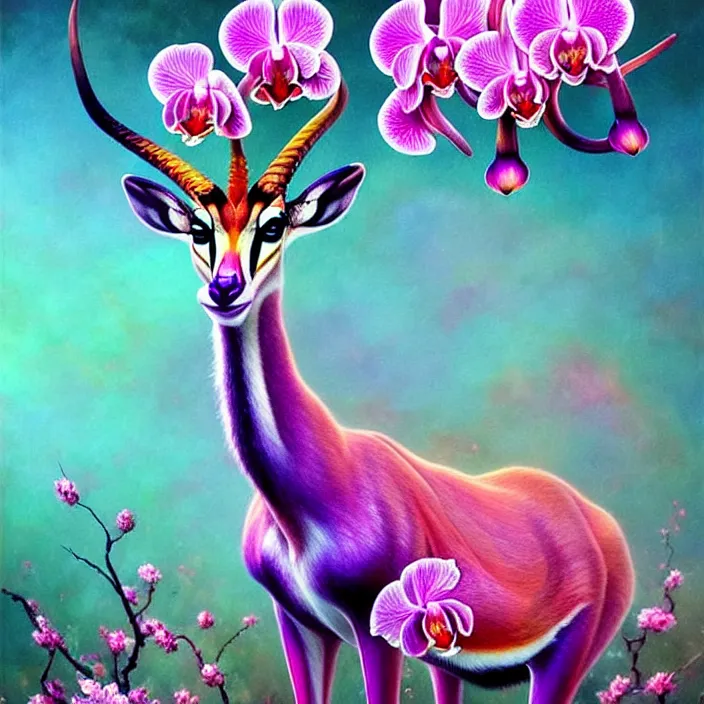 Image similar to extremely psychedelic gazelle made of orchid and cherry blossom tree and mushroom, LSD, diffuse lighting, fantasy, intricate, elegant, highly detailed, lifelike, photorealistic, digital painting, artstation, illustration, concept art, smooth, sharp focus, art by John Collier and Albert Aublet and Krenz Cushart and Artem Demura and Alphonse Mucha