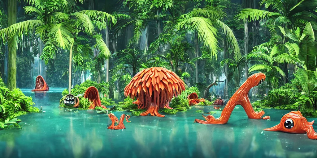 Image similar to of a tropical rainforest lake with strange cute friendly happy creatures with huge eyes, mouth, long tongue, round teeth and goofy face, appearing from the water, in the style of gehry and gaudi, macro lens, shallow depth of field, ultra detailed, digital painting, trending artstation, concept art, illustration, cinematic lighting, photorealism, epic, octane render