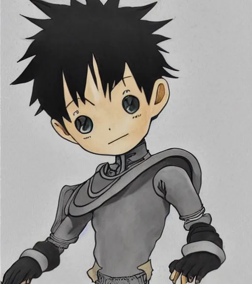 Image similar to beautiful little boy wearing an cyborg illusionist suit, artwork in kentaro miura and made in abyss, inspired in astroboy smooth, beautiful lightness, anatomically correct, trending on pixiv, fascist composition, realistic