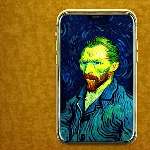 Prompt: vincent van gogh!!!! holding!!!!! an iphone in his hand!!!!!!, illustrated by vincent van gogh, 4 k, 8 k, photorealistic imagery