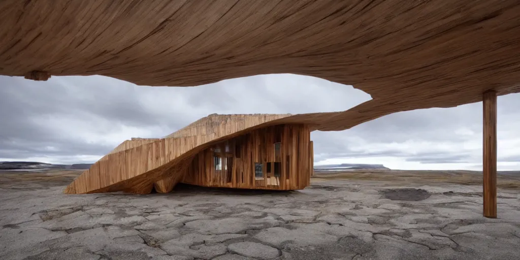 Image similar to futuristic architect house made from deconstucted wood and mirrors, iceland landscape photography, by lurie belegurschi and gunnar freyr