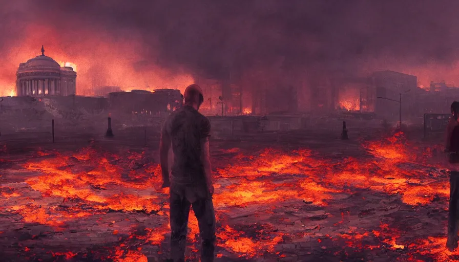 Image similar to sad man on his knees in burning washington dc, sky on fire, ashes, smoke columns, debris, collapsed buildings, hyperdetailed, artstation, cgsociety, 8 k