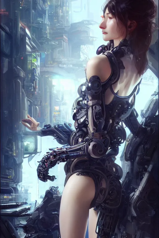 Prompt: Ultra realistic illustration, beautiful alluring female cyborg, cyberpunk, sci-fi, fantasy,smile, intricate, elegant, highly detailed, digital painting, artstation, concept art, smooth, sharp focus, illustration, art by Yintion J - Jiang Geping and artgerm and greg rutkowski and alphonse mucha.