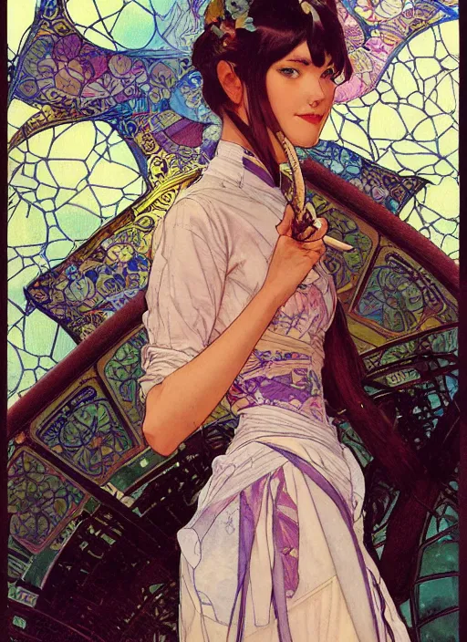 Prompt: an art nouveau copic maker sketch of a girl wearing kikyo's clothes designed by balenciaga by john berkey by stanley artgerm lau, greg rutkowski, thomas kinkade, alphonse mucha, loish, norman rockwell