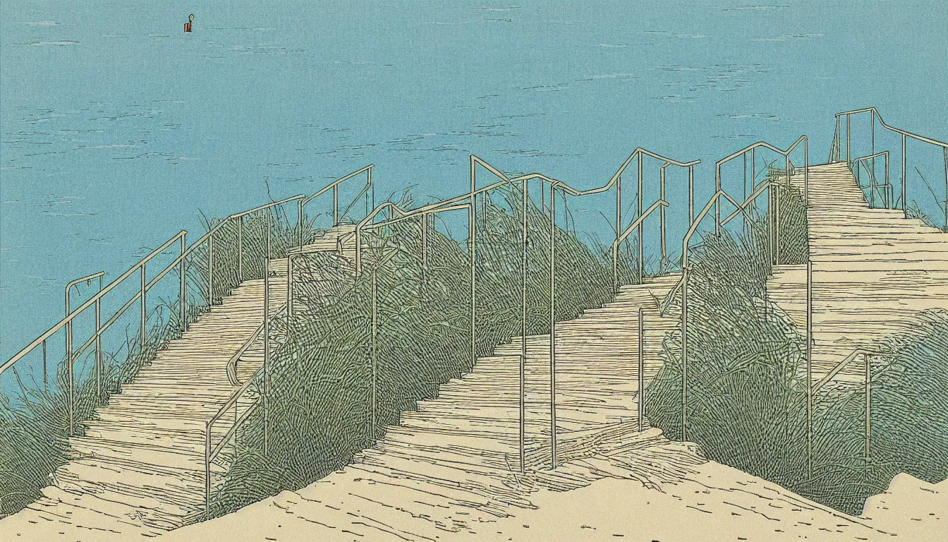 Prompt: stairs down to the beach by woodblock print, moebius