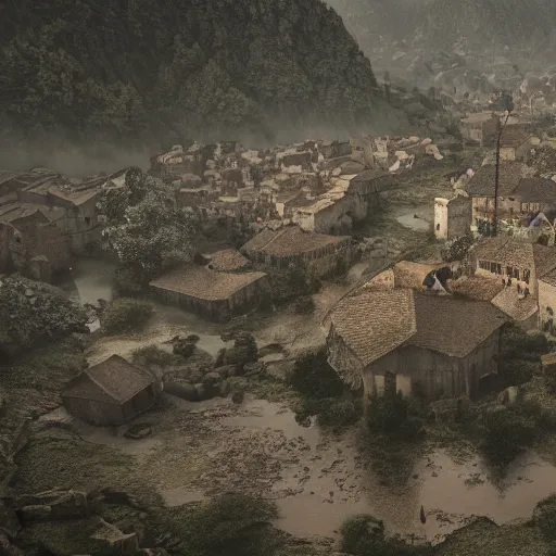 Image similar to the center of a poor medieval town under heavy rain at late dawn, in a valley, surrounded by mountains, highly detailed, octane render, ultra detailed cinematic, 8 k, widescreen, 1 6 : 9, hd