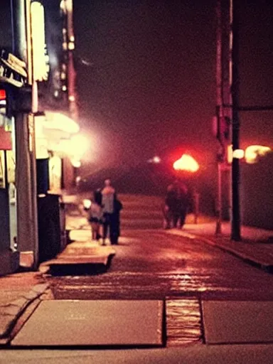 Image similar to “ movie screen shot of under the skin, charismatic scarlett johansson is looking down a street at night, suspense, cinematic, epic, dramatic ”