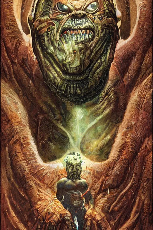 Prompt: eddie hall as extraterrestrial beast by jack kirby, norman rockwell, wayne barlow, sergey krasovskiy, zdzislaw beksinski, artstation creature