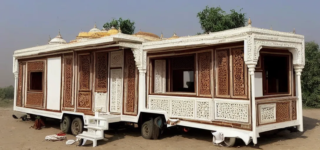 Prompt: mughal - style white ivory tiny home on trailer in agra, india